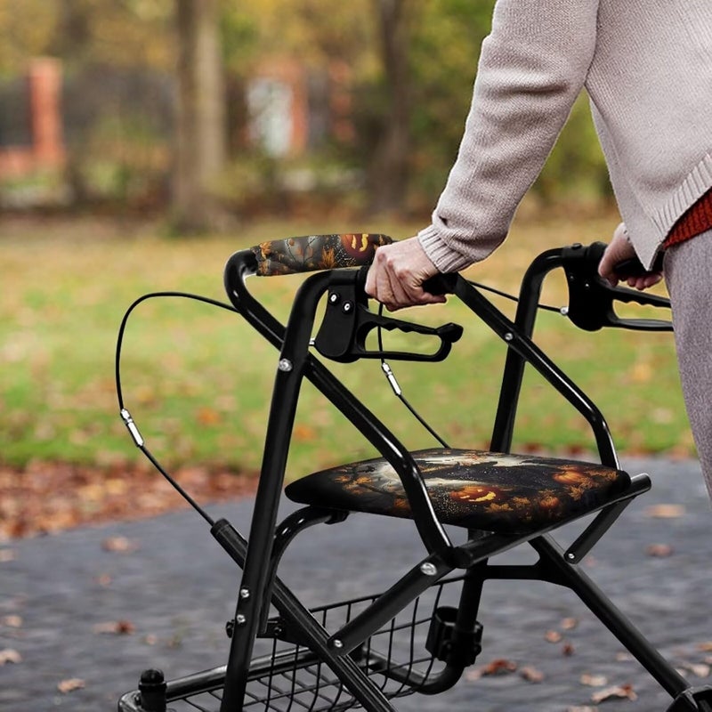 Rnyleeg Walker Seat Covers Universal Rollator Gothic Walker Seat and Backrest Covers Black Cat Pumpkin Design Rollator Walker Accessories for Seniors - Image 4